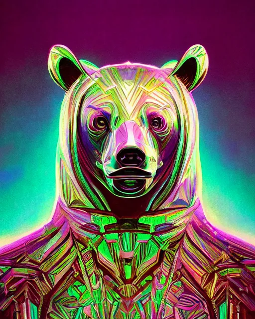 Image similar to highly detailed surreal vfx portrait of a metallic chromatic geometric tribal bear, behance, stephen bliss, unreal engine, greg rutkowski, loish, rhads, beeple, makoto shinkai and lois van baarle, ilya kuvshinov, rossdraws, tom bagshaw, alphonse mucha, global illumination, detailed and intricate environment