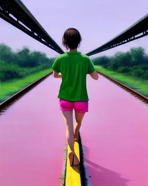 Image similar to a girl dressed in a green shirt and pink shorts walks along train tracks stretching out toward the horizon that are submerged under a few inches of water in a wide pool of water, intricate, elegant, highly detailed, digital painting, artstation, concept art, smooth, sharp focus, illustration, art by artgerm and greg rutkowski and fra angelico