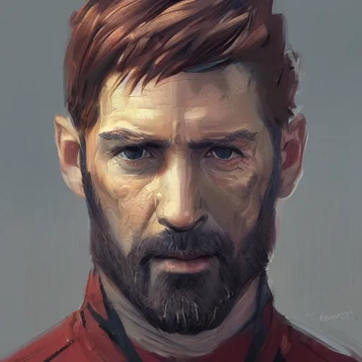 Image similar to Portrait of a man by Greg Rutkowski, he is about 40 years old, copper short hair, his features are a mix between Scottish and Arabian, strong and tall, cool dad vibes, he is wearing utilitarian red and black jumpsuit, highly detailed portrait, digital painting, artstation, concept art, smooth, sharp foccus ilustration, Artstation HQ.