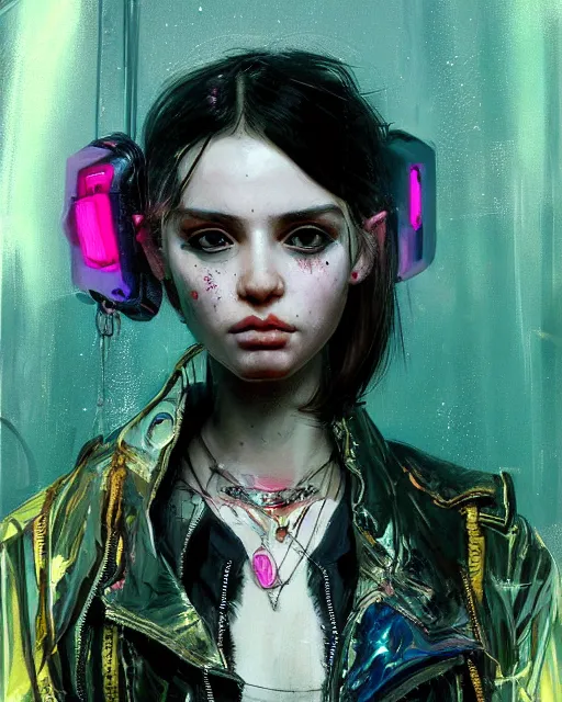 Prompt: detailed portrait Young Gangster Girl cyberpunk futuristic ((neon)) tattoes, styled hair Reflective thin sheen film jacket, decorated traditional ornaments by ismail inceoglu dragan bibin hans thoma greg rutkowski Alexandros Pyromallis Nekro Alphonse Mucha Zac Retz illustrated Perfect face, fine details, realistic shaded, fine-face, pretty face