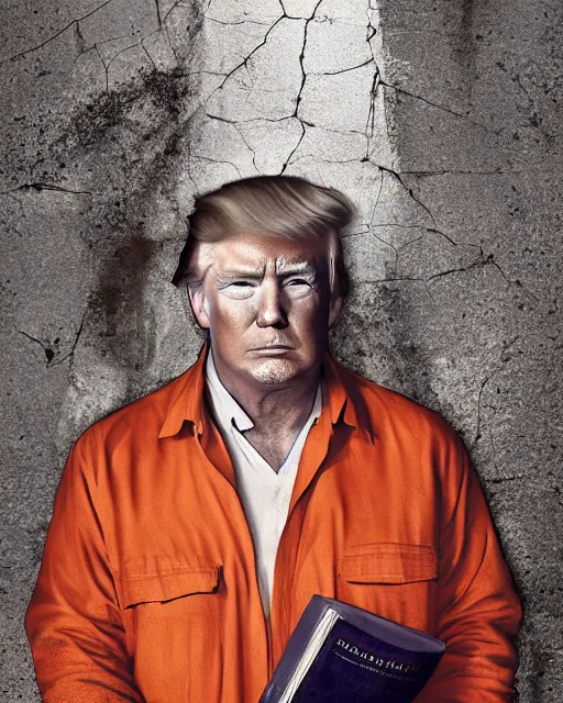 Image similar to a head and shoulders portrait of Donald trump wearing orange prison clothing holding a bible standing in a filthy concrete jail In a maximum security prison, dimly lit, volumetric lighting,, craig mullins octane, 8k,