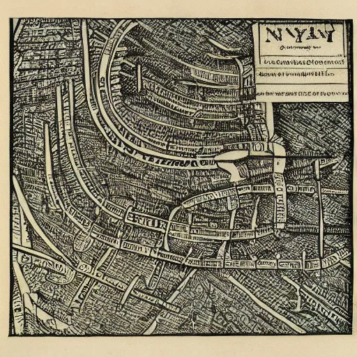 Image similar to map of the new york subway system, woodcut by albrecht durer 1 5 0 9