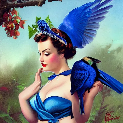 Image similar to pinup girl holding an indigo bunting, bird, the bird is wearing a crown and bowtie by greg rutkowski, rossdraws, gil elvgren, enoch bolles, anime, very coherent