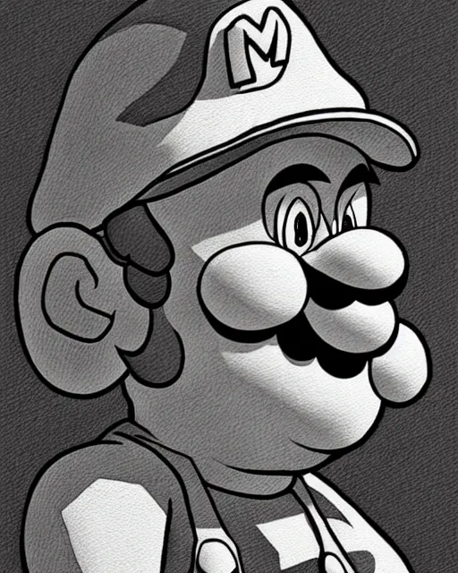 Image similar to mario with mushrooms, hyper realism, fine details, deviantart artstation, extremely detailed, black and white, very sharp, in the style of albrecht durer