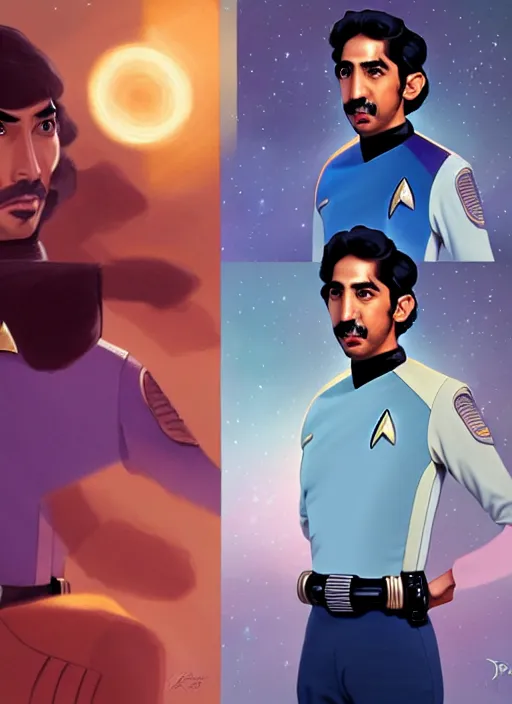 Image similar to cute star trek officer dev patel, natural lighting, path traced, highly detailed, high quality, digital painting, by don bluth and ross tran and studio ghibli and alphonse mucha, artgerm