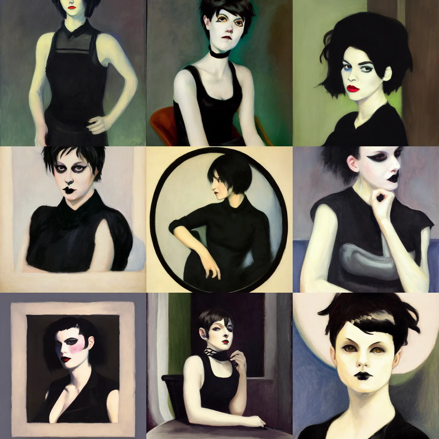 Prompt: A goth portrait painted by Edward Hopper. Her hair is dark brown and cut into a short, messy pixie cut. She has a slightly rounded face, with a pointed chin, large entirely-black eyes, and a small nose. She is wearing a black tank top, a black leather jacket, a black knee-length skirt, a black choker, and black leather boots.