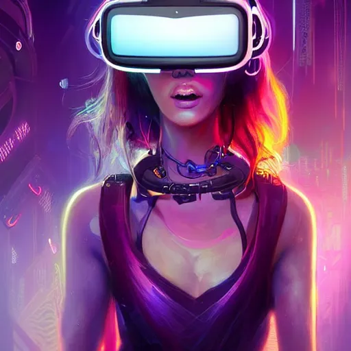 Prompt: portrait of a beautiful cybernetic raver girl wearing a oculus rift headset in a futuristic japanese penthouse, cyberpunk concept art by pete mohrbacher and artgerm and wlop and greg rutkowski, digital art, highly detailed, intricate, sci-fi, neon colors, sharp focus, Trending on Artstation HQ, deviantart, unreal engine 5, 4K UHD image