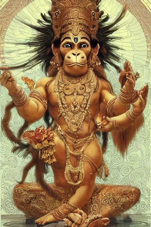 Image similar to a full body portrait of a beautiful ornated hanuman god, leaping pose, hindu stages of meditation, intricate, elegant, highly detailed, digital painting, artstation, concept art, smooth, sharp focus, line art illustration for tattoo, art by krenz cushart and artem demura and alphonse mucha