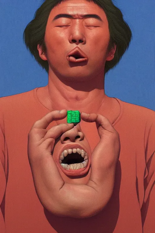 Image similar to a closeup portrait of a simple man licking a tab of LSD acid on his tongue and dreaming psychedelic hallucinations, by kawase hasui, moebius, Edward Hopper and James Gilleard, Zdzislaw Beksinski, Steven Outram colorful flat surreal design, hd, 8k, artstation