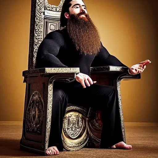 Image similar to bearded king squats over his throne and poops an enormous amount while onlookers praise him