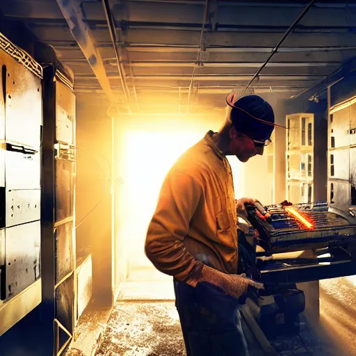 Image similar to cyborg toaster oven repairman, dark messy smoke - filled cluttered workshop, dark, dramatic lighting, orange tint, sparks, plasma rays, cinematic, highly detailed, sci - fi, futuristic, movie still, rule of thirds composition