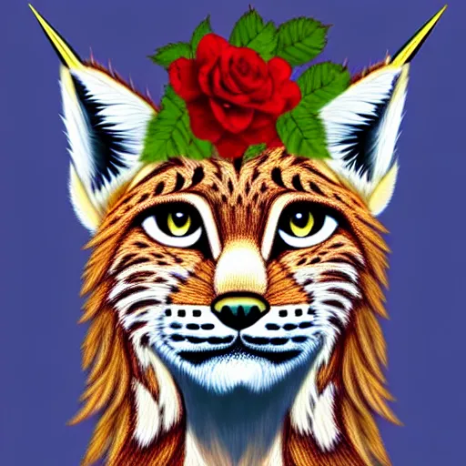 Prompt: lynx wearing a crown!!!! made out of roses and (((((golden leaves))))), a majestic crown!!!!!!, an expressive digital painting, high quality art,