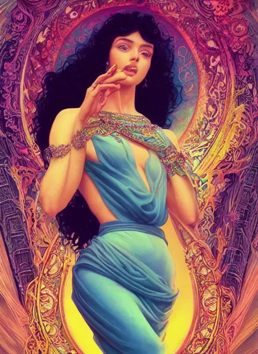 Prompt: beautiful young woman, goddess, extremely detailed gorgeous face, sad eyes, tears, sexy body and face, vaporwave aesthetic, synthwave, long luxurious gown, colorful, psychedelic, fantasy scene, intricate, elegant, highly detailed, digital painting, artstation, concept art, smooth, sharp focus, illustration, art by artgerm and greg rutkowski and alphonse mucha