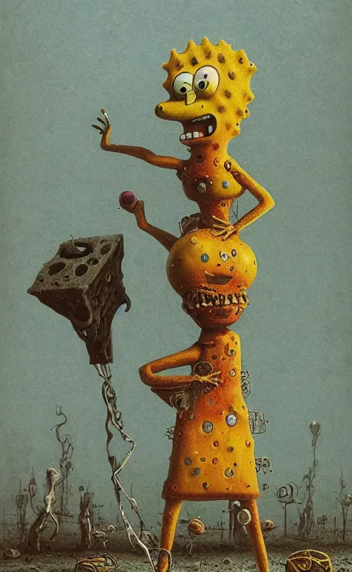 Image similar to spongebob squarepants in style of zdzisław beksinski, standing in wasteland, horror art, creepy, desolate, spongebob, spongebob, spongebob, spongebob