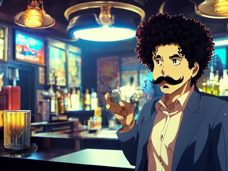 Image similar to close - up anime still of ( ( charming!!!!! latino middle - aged anime protagonist with curly afro and moustache!!! tilting his head charmingly ) late night in an anime bar, cozy lights, detailed orange atmosphere. cinematic rim lighting, global illumination, trending on artstation, hypdertailed, perfect shading, dreamy, masterpiece