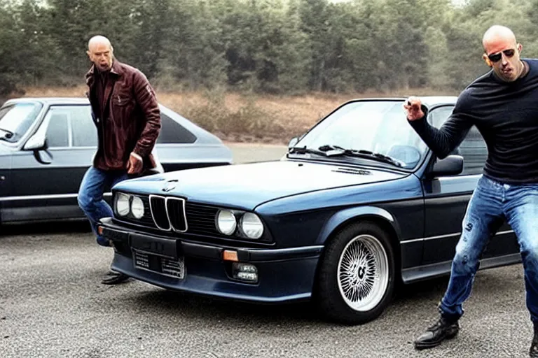 Image similar to Angry Jason Statham picks up BMW e30