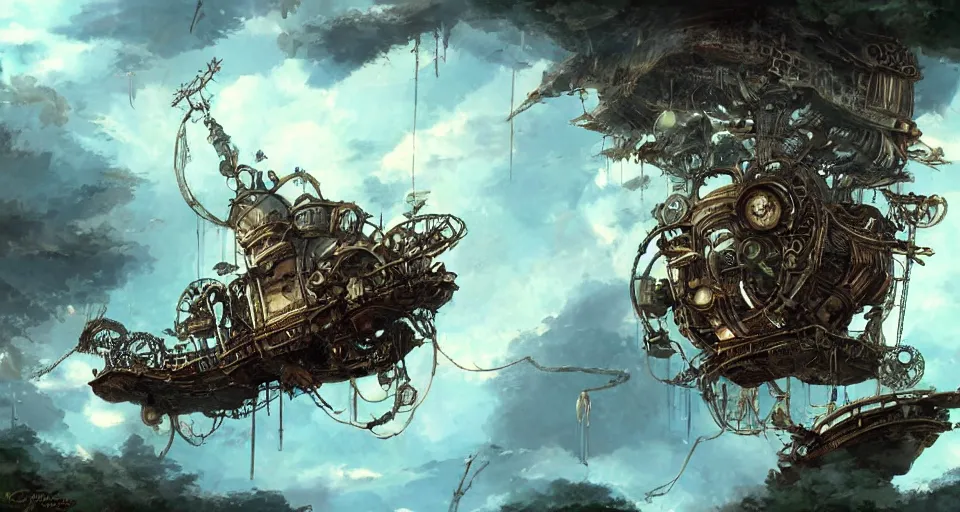 Image similar to broken collided steampunk flying ship taken by ferns and vines, highly detailed, sharp focus, matte painting, by studio ghibli, by giovani magana,