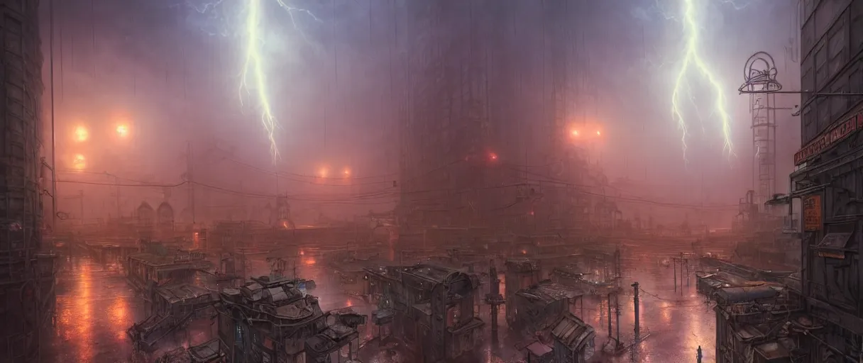 Image similar to a highly detailed matte painting of a soviet steampunk industrial zone in lightning storm and heavy rain by studio ghibli, makoto shinkai, by artgerm, by wlop, by greg rutkowski, volumetric lighting, octane render, 4 k resolution, trending on artstation, masterpiece