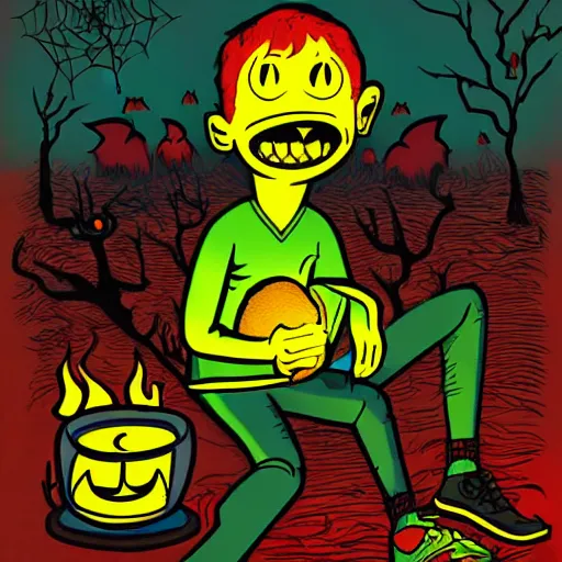 Prompt: spooky boy lit by campfire, illustration in the style of Jamie Hewlett, bold colors, highly detailed