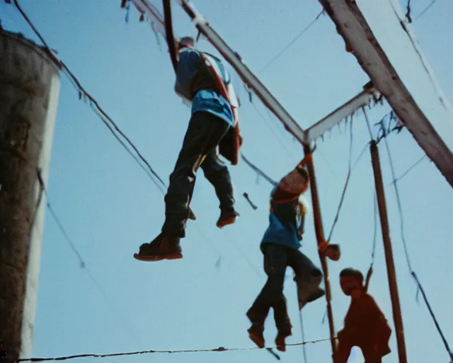 Image similar to lomo photo of roofjumpers climbing on roof of soviet hrushevka, small town, cinestill, bokeh, out of focus