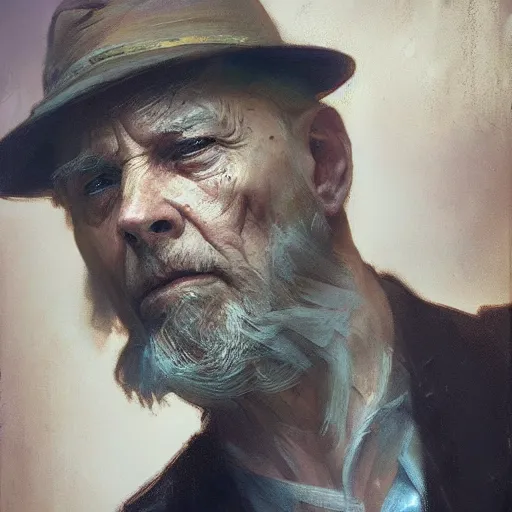 Image similar to hyperrealist portrait of a thin mean old man by jeremy mann and alphonse mucha, fantasy art, photo realistic, dynamic lighting, artstation, poster, volumetric lighting, very detailed faces, award winning