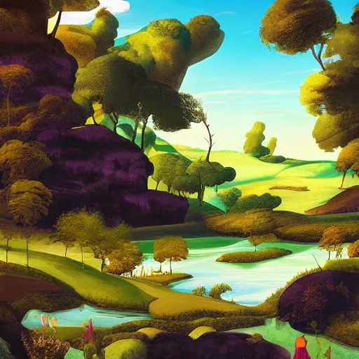 Prompt: A beautiful digital art of of a landscape. It is a stylized and colorful view of an idyllic, dreamlike world with rolling hills, peaceful looking animals, and a flowing river. The scene looks like it could be from another planet, or perhaps a fairy tale. studio lighting by Michelangelo rich details, daring