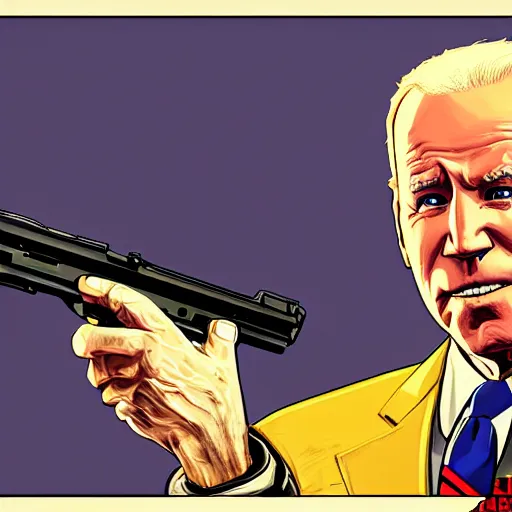 Prompt: Joe Biden holding a gun in a GTA 5 loading screen, concept art by Anthony McBain, trending in artstation, artstationHD, artstationHQ
