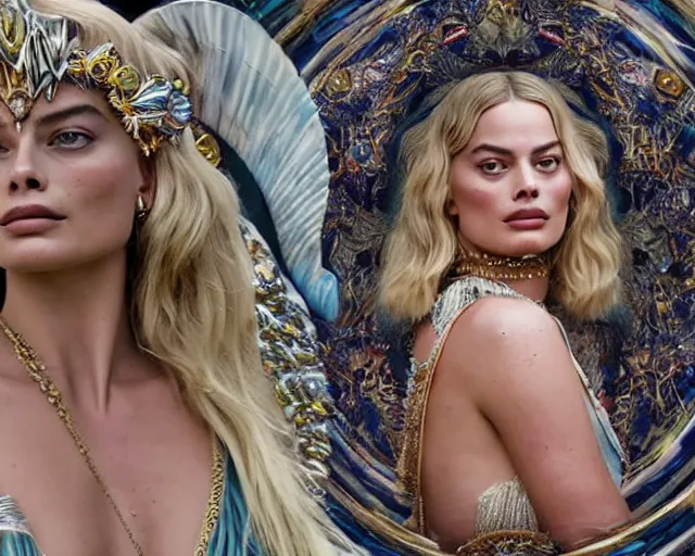 Image similar to Margot robbie as a goddess in heaven, Photography, Cinematic, Portrait, insanely detailed and intricate, hypermaximalist, elegant, ornate, hyper realistic, super detailed