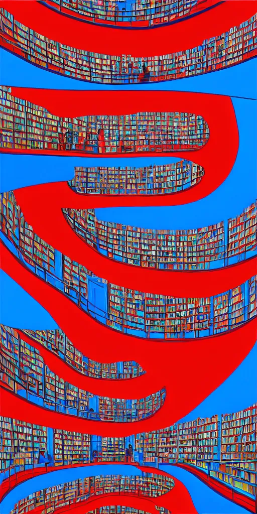 Prompt: magnificent library interior, multi - level, blue and red tones, animated film, stylised, illustration, by eyvind earle, scott wills, genndy tartakovski