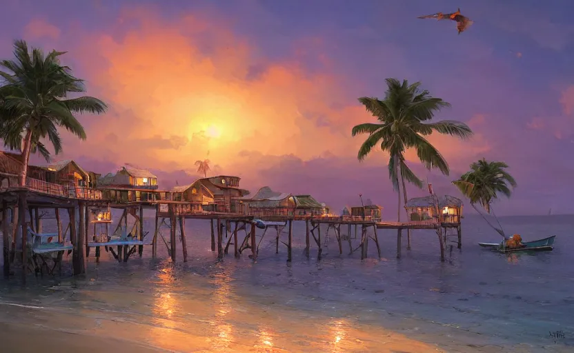 Image similar to a little fisher village on a tropical island, ( ( wood pier and houses, nets and boats ) ), scenic view, sunset, matte painting by marc simonetti and rhads and donato giancola, trending on artstation