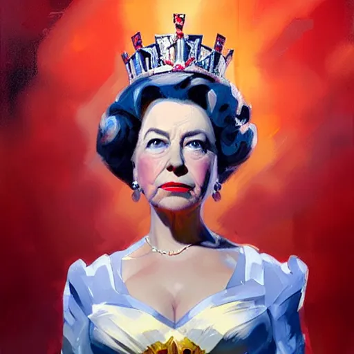 Prompt: greg manchess portrait painting of queen elizabeth ii as overwatch character, medium shot, asymmetrical, profile picture, organic painting, rainy day, matte painting, bold shapes, hard edges, street art, trending on artstation, by huang guangjian and gil elvgren and sachin teng