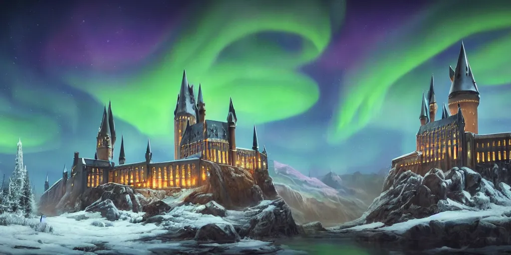 Image similar to mysterious painting of Hogwarts under the northern lights, immaculate scale, hyper-realistic, Unreal Engine, Octane Render, digital art, trending on Artstation, 16k, detailed, atmospheric, immaculate