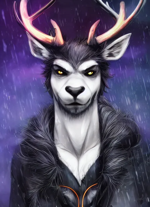 Image similar to award winning beautiful portrait commission of a male furry anthro Black Reindeer fursona with a tail, wings and a cute beautiful attractive detailed furry face wearing stylish black and orange cyberpunk clothes in a cyberpunk city at night while it rains. Character design by charlie bowater, ross tran, artgerm, and makoto shinkai, detailed, inked, western comic book art