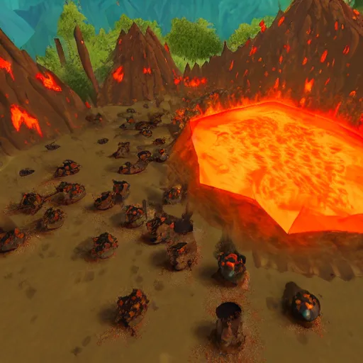 Image similar to TzKal-Zuk at the Inferno, old school runescape, lava river, magma, large shield of magma, obsidian pillars