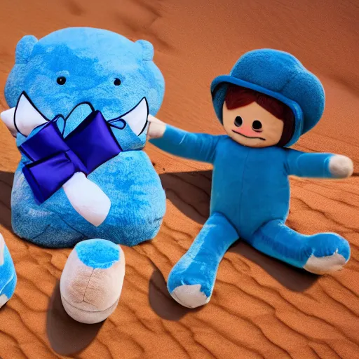 Image similar to blue'snappy gifts'logo human - sized plush doll, looking at the camera, in the desert, holding gift, happy atmosphere, high detail, 8 k