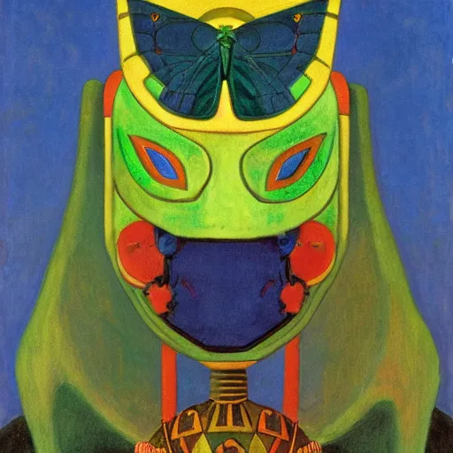 Image similar to robot wearing a luna moth mask, by annie swynnerton and nicholas roerich and leo and diane dillon and adolf wolfli and diego rivera, elaborate costume, little glowing lights, rich color, dramatic cinematic lighting, smooth, sharp focus, extremely detailed