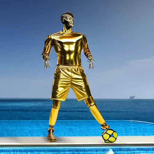 Image similar to a realistic detailed photo of a guy who is an attractive humanoid who is half robot and half humanoid, who is a male android, soccer player cristiano ronaldo, shiny skin, posing like a statue, blank stare, by the pool, on display, showing off his muscles, humanoid robot, gold soccer shorts