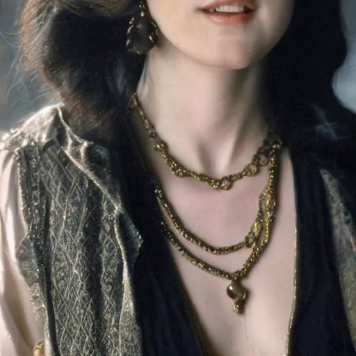 Image similar to a beautiful portrait from the film indiana jones and the fate of atlantis, of sophia hapgood wearing the nur ab sal necklace, dslr hyper focused