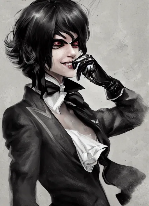 Image similar to a highly detailed illustration of beautiful short black messy haired woman wearing eyepatch!!!!!!!!!!!! and noir style suit and tie, dramatic smiling pose, intricate, elegant, highly detailed, centered, digital painting, artstation, concept art, smooth, sharp focus, league of legends concept art, WLOP