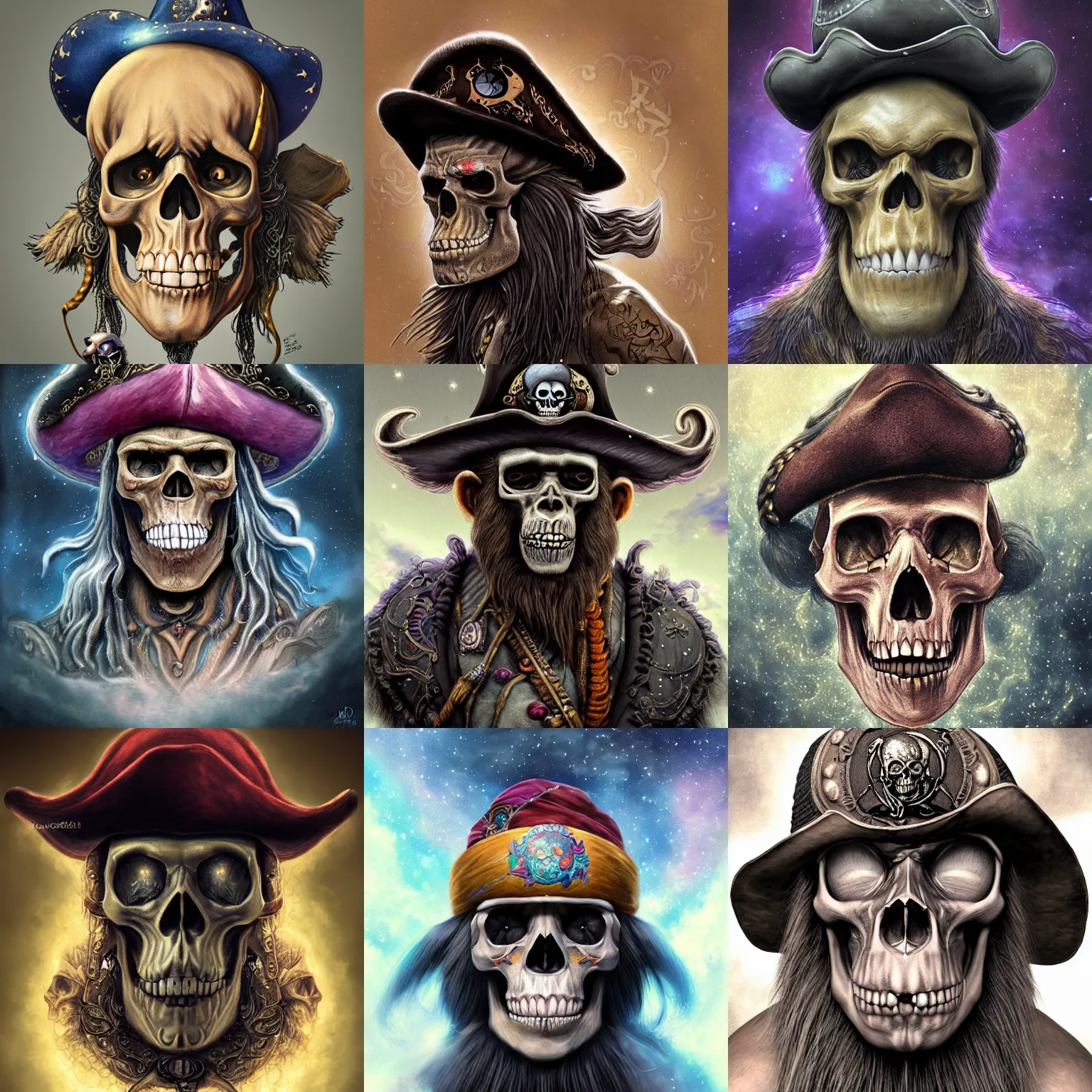 Prompt: a wlop 3 d render of very very very very highly detailed beautiful mystic portrait of a young skull ape pirate in a hat with whirling galaxy around, tattoos by anton pieck, intricate, extremely detailed, digital painting, artstation, concept art, smooth, sharp focus, illustration, intimidating lighting, incredible art,