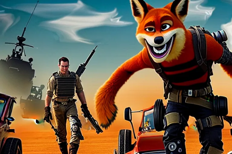 Image similar to nick wilde, heavily armed and armored facing down armageddon in a dark and gritty reboot from the makers of mad max : fury road