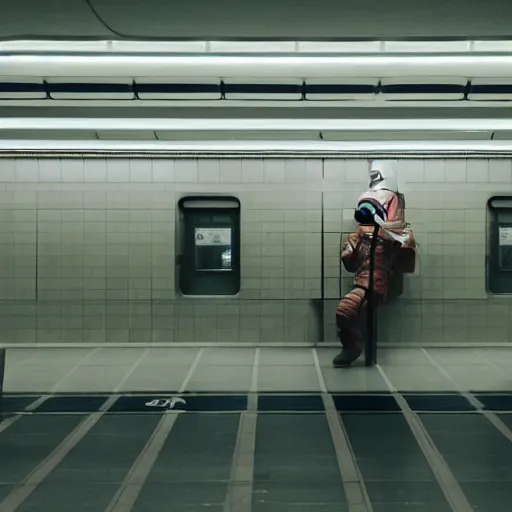 Image similar to a beautiful photo of an astronaut waiting in a subway station, 1970', soft light, morning light, photorealistic, realistic, octane, 8k, cinematic shot