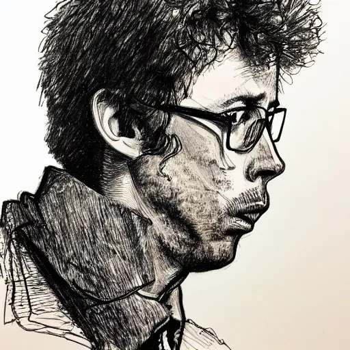 Image similar to a realistic yet scraggly portrait sketch of the side profile of a stern and sophisticated napoleon dynamite, trending on artstation, intricate details, in the style of frank auerbach, in the style of sergio aragones, in the style of martin ansin, in the style of david aja, in the style of mattias adolfsson