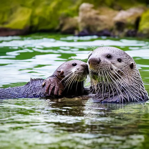 Image similar to One man and one otter swimming alongside him. Award-winning, front view, daylight, photoreallrstic, 4k