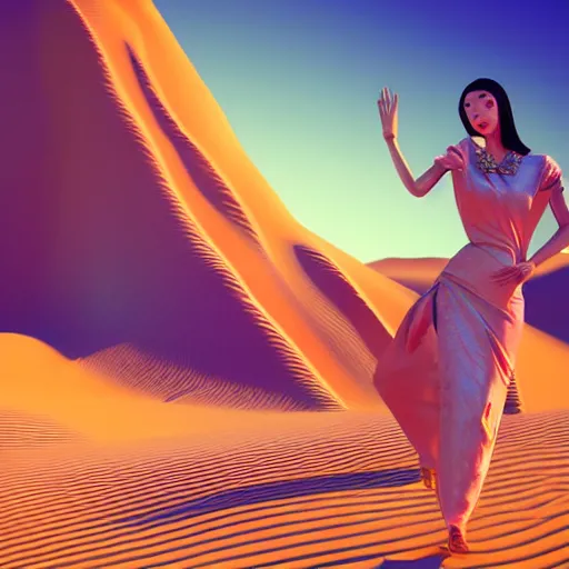 Prompt: innovative avant-garde art, deco fashion, asian women, wearing rainbow color, highly detailed, photo-realistic portrait, serene desert setting, golden hour, crisp quality and light reflections, unreal engine 5 quality render