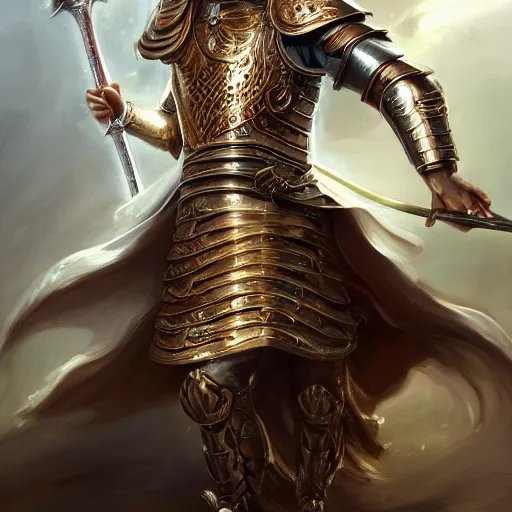 Image similar to Full body shot of beautiful male cleric with long flowing blonde hair wearing burnished bronze armour emblazoned with a swan on the breastplate. Wielding a magical scimitar embossed with the phases of the moon. Magic, bright divine lighting, flux. High fantasy, digital painting, HD, 4k, detailed by Ruan Jia