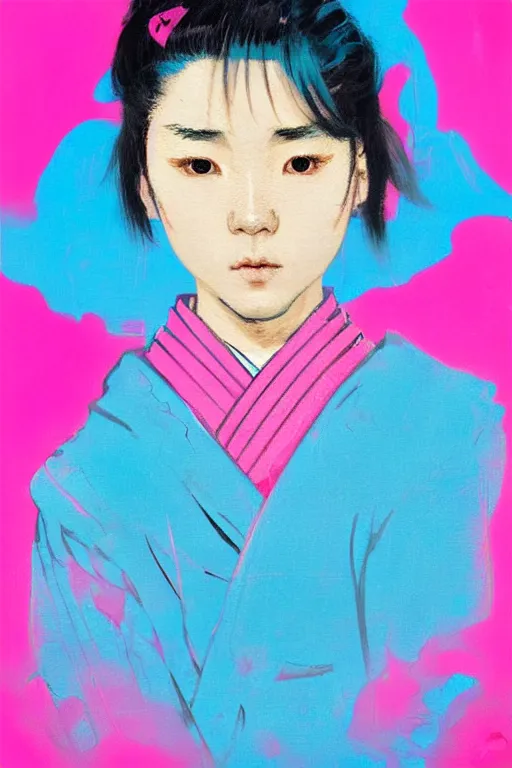 Prompt: portrait of a stylized japanese young in love, painted in acrylic, pigment textures, in the colors hot pink and cyan, beautiful realistic face, rule of thirds, spotlight, by greg rutkowski, by jeremy mann, by francoise nielly, by van gogh, by ross tran, in focus