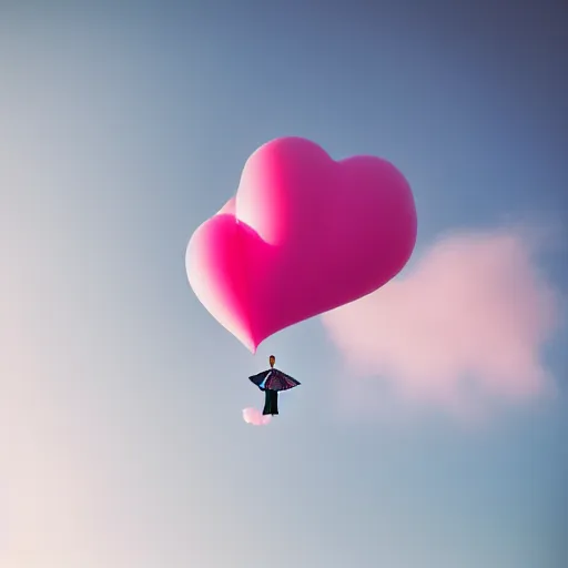 Image similar to a 5 0 mm lens photograph of a cute pink floating modern house, floating in the air between clouds, inspired by the movie up, held up from above by heart ballons. mist, playful composition canon, nikon, award winning, photo of the year