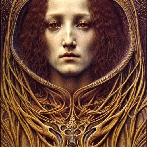 Prompt: detailed realistic beautiful young medieval queen face portrait by jean delville, gustave dore, zdzisław beksinski and marco mazzoni, art nouveau, symbolist, visionary, gothic, pre - raphaelite, horizontal symmetry