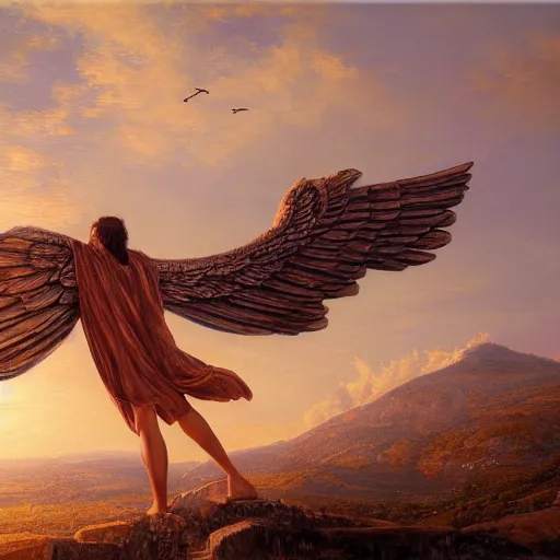 Image similar to the Parthenon with wings, flapping its wings flying in sunset sky, oil on canvas, portrait, intricate, 8k highly professionally detailed, HDR, CGsociety